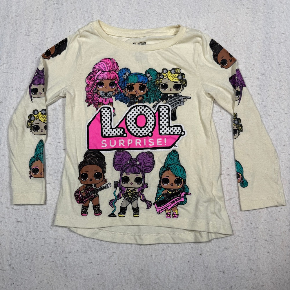 LOL Surprise Girls Long Sleeve Graphic T-Shirt Cream Rockstar Dolls Size 4/5